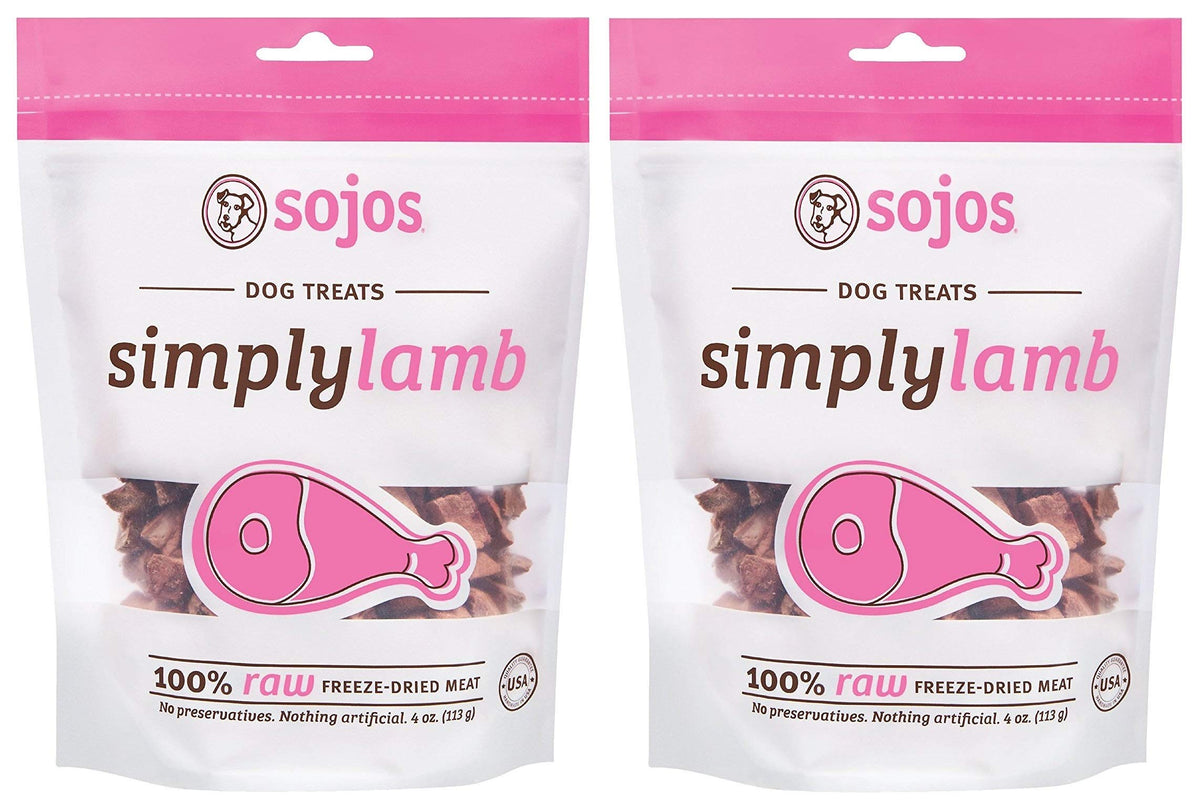 Sojos Simply Lamb raw freeze-dried dog treats in a bag, highlighting grain-free protein option.