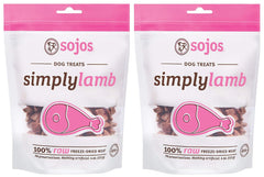 Sojos Simply Lamb raw freeze-dried dog treats in a bag, highlighting grain-free protein option.