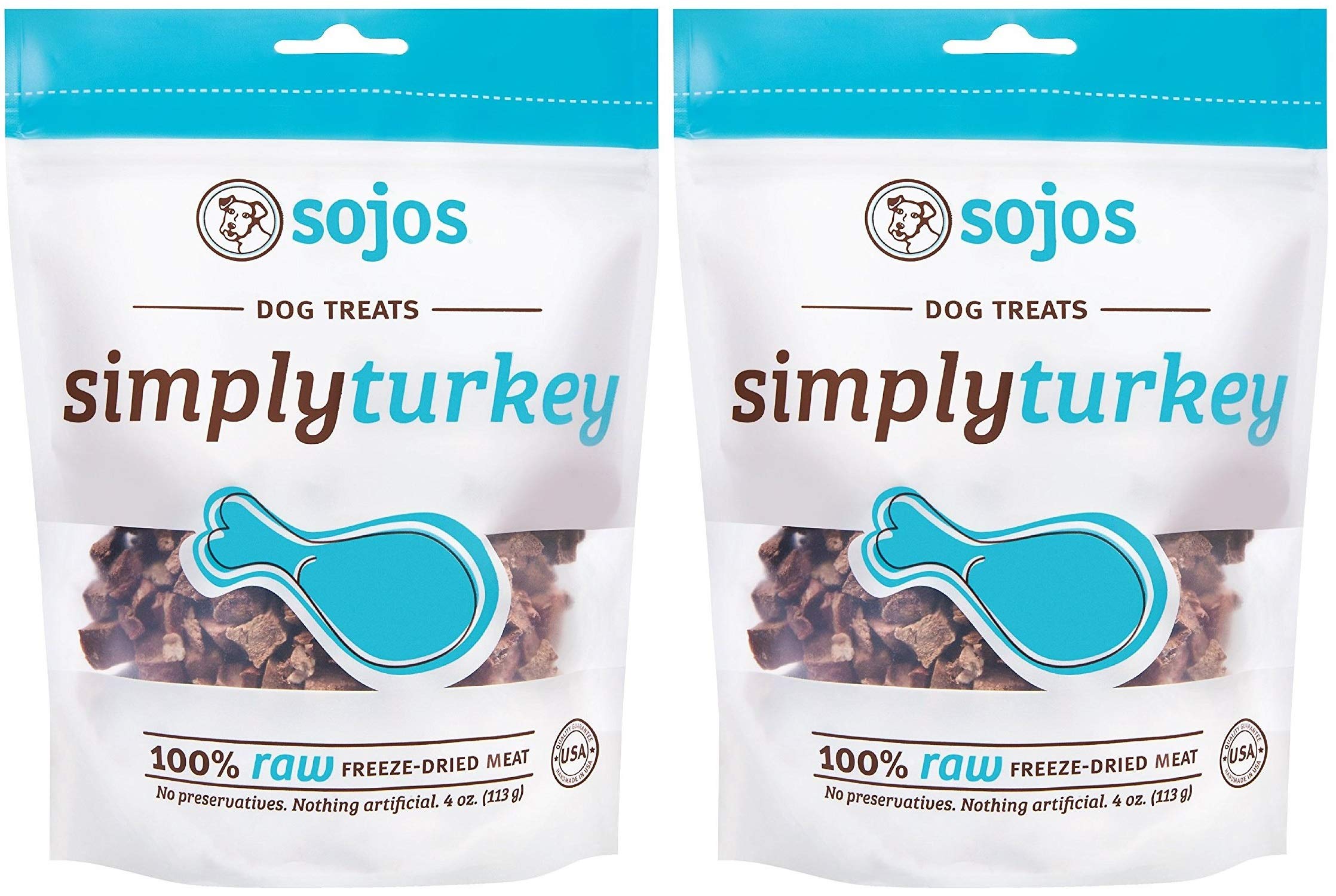 SOJOS Simply Turkey Dog Treats two-bag display highlighting convenient training rewards