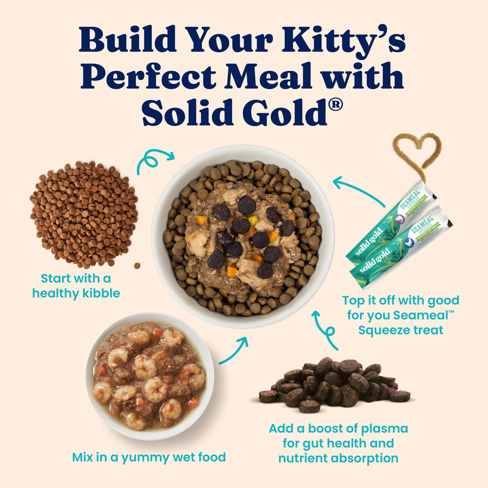 Solid Gold all-ages kibble provides energy for indoor or outdoor cats.