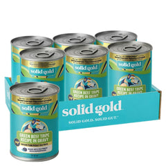 Solid Gold Beef Tripe wet dog food cans showing a savory balanced meal for digestion.