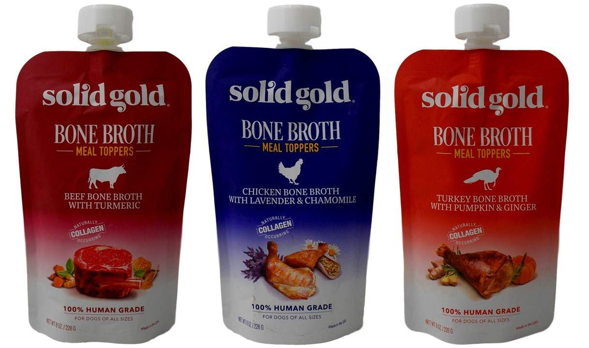 Solid Gold beef bone broth 8oz pouch to top meals and support gut health