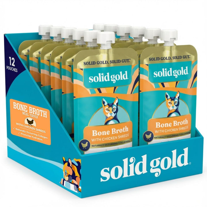 Solid Gold Bone Broth Cat Topper pouch showing real chicken shreds for hydration and flavor