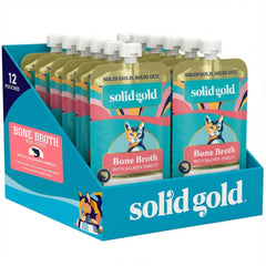 Solid Gold bone broth cat topper with salmon shreds in pouch for hydration.