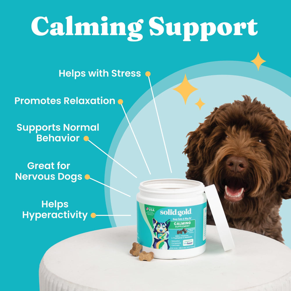 Solid Gold Calming Chews bacon flavor treat image suggests tasty option for daily calming.