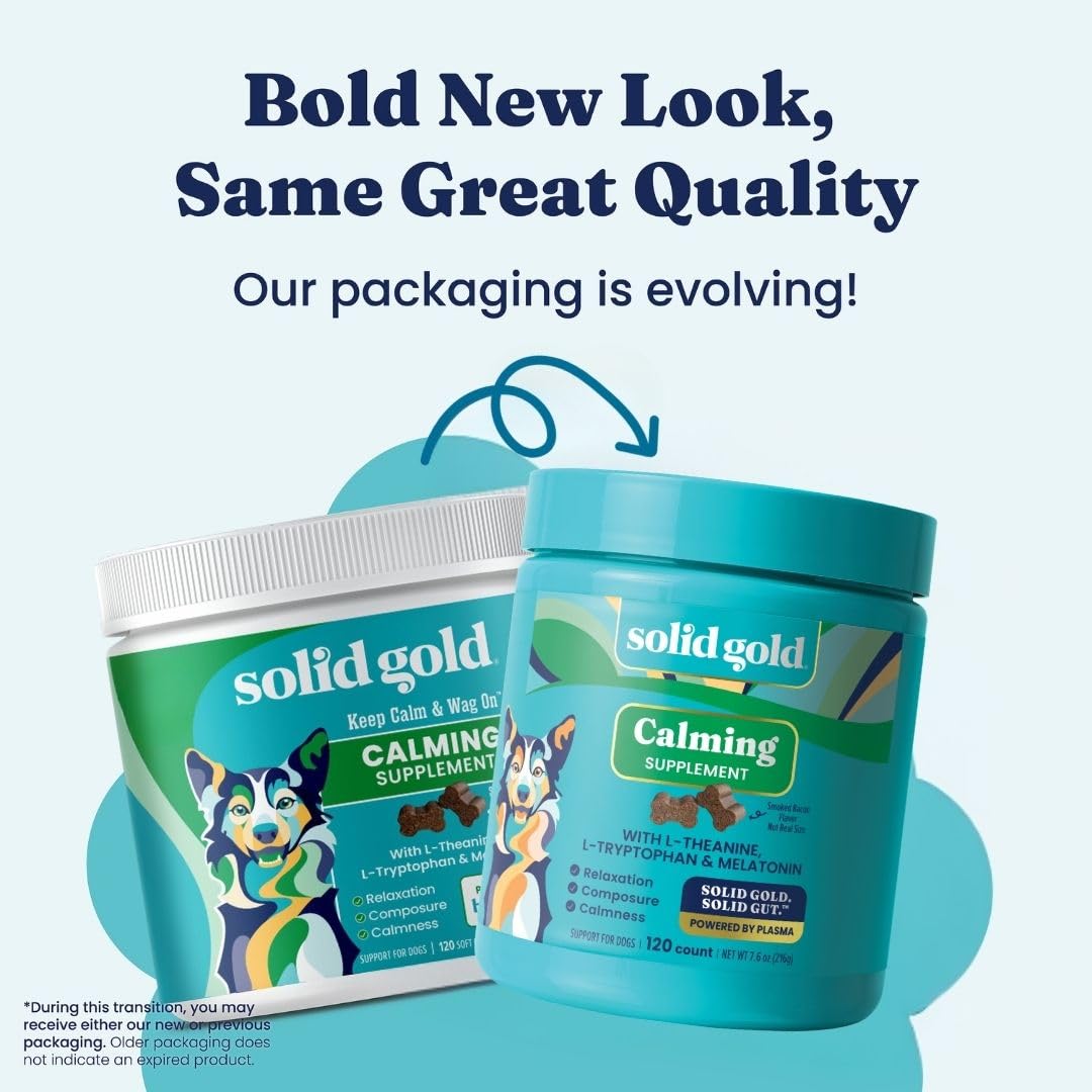 Solid Gold Calming Chews bottle back label highlights melatonin and herbal blend for stress relief.