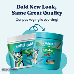 Solid Gold Calming Chews bottle back label highlights melatonin and herbal blend for stress relief.