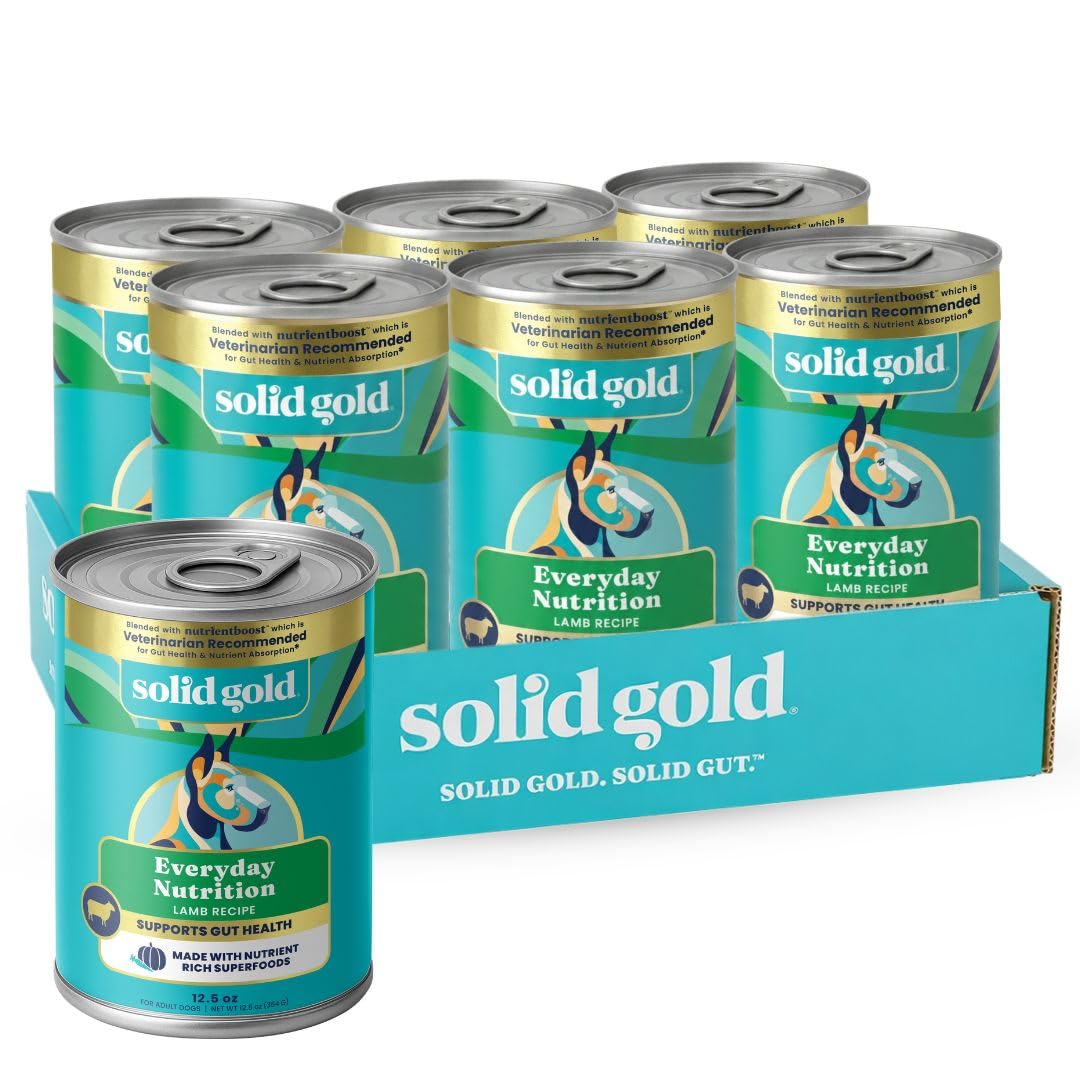 Solid Gold canned dog food with real lamb in smooth pate for senior dogs.