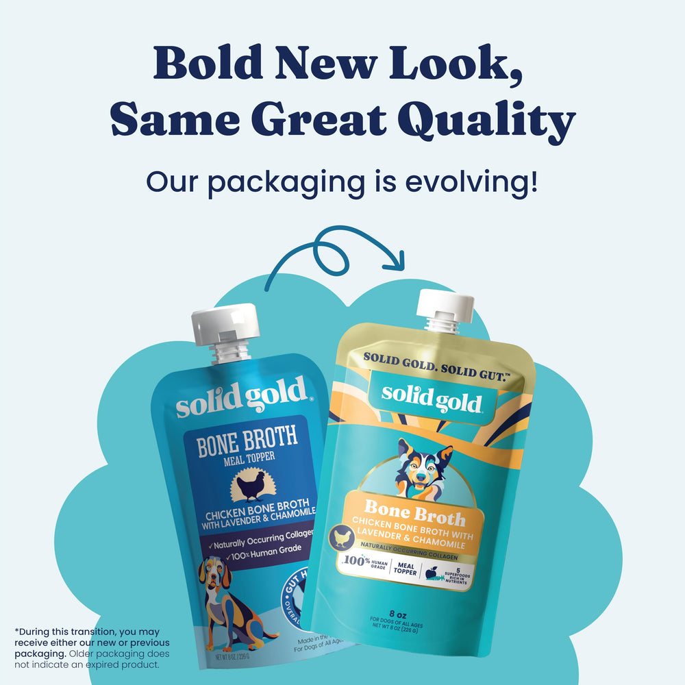 Solid Gold Chicken Bone Broth provides hydration support during meals for picky dogs.