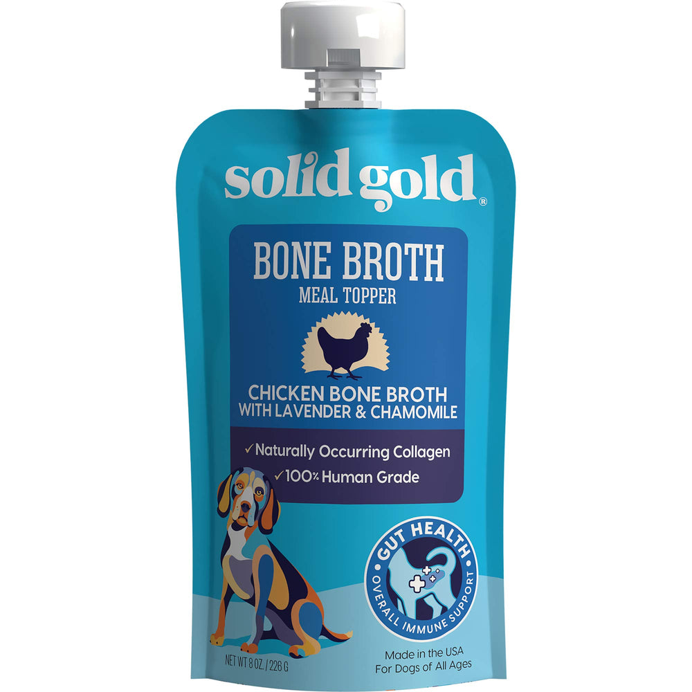 Solid Gold Chicken Bone Broth topper on dry food enhances palatability.