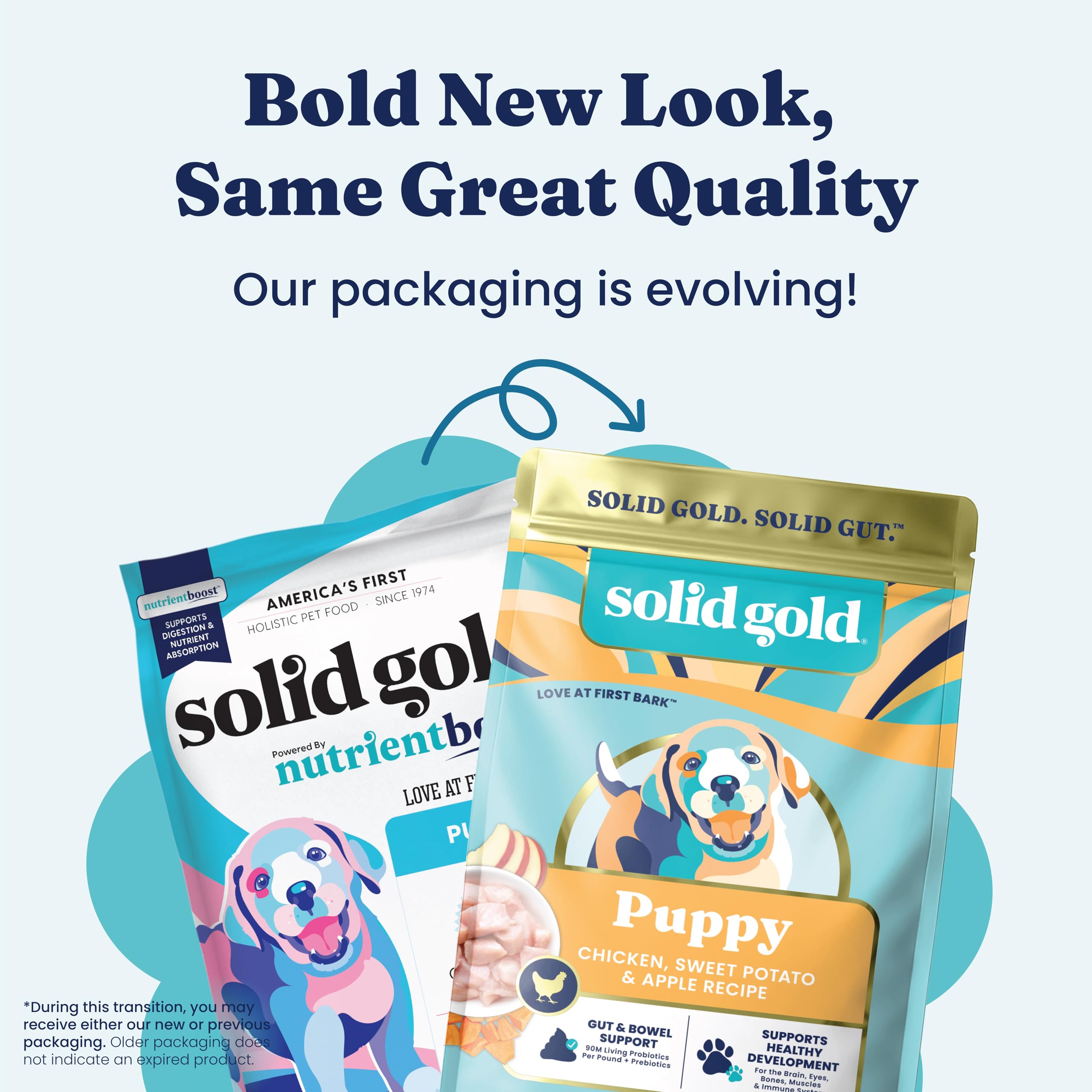 Solid Gold chicken dry puppy food puppy eating illustrates appealing taste and texture.