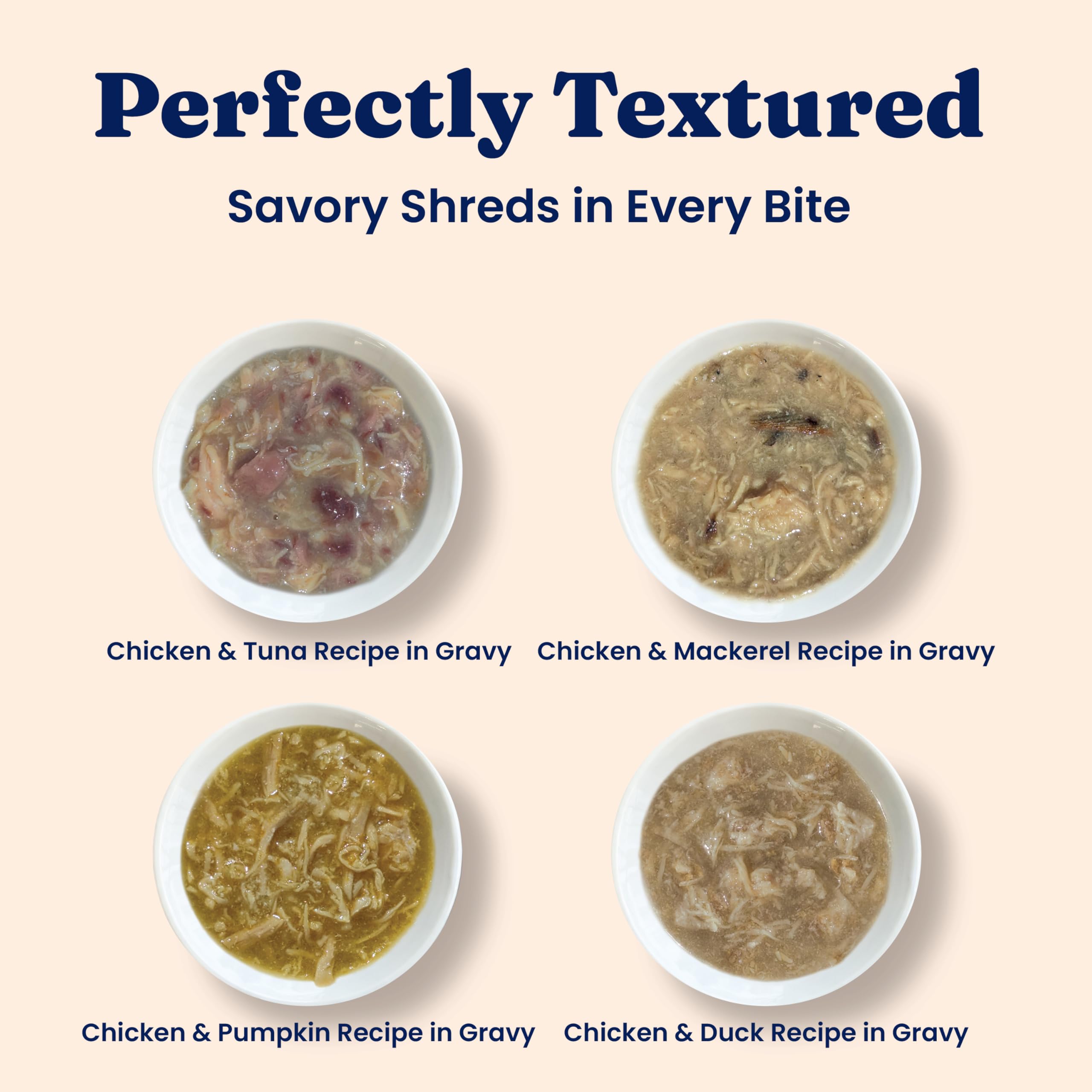 Solid Gold chicken shreds in gravy closeup, protein-rich texture for picky eaters