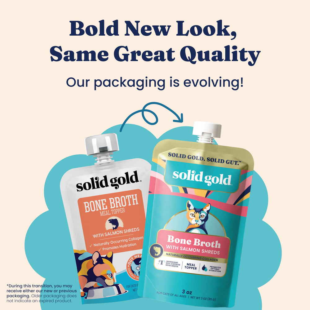 Solid Gold collagen-rich bone broth supports hydration for cats.