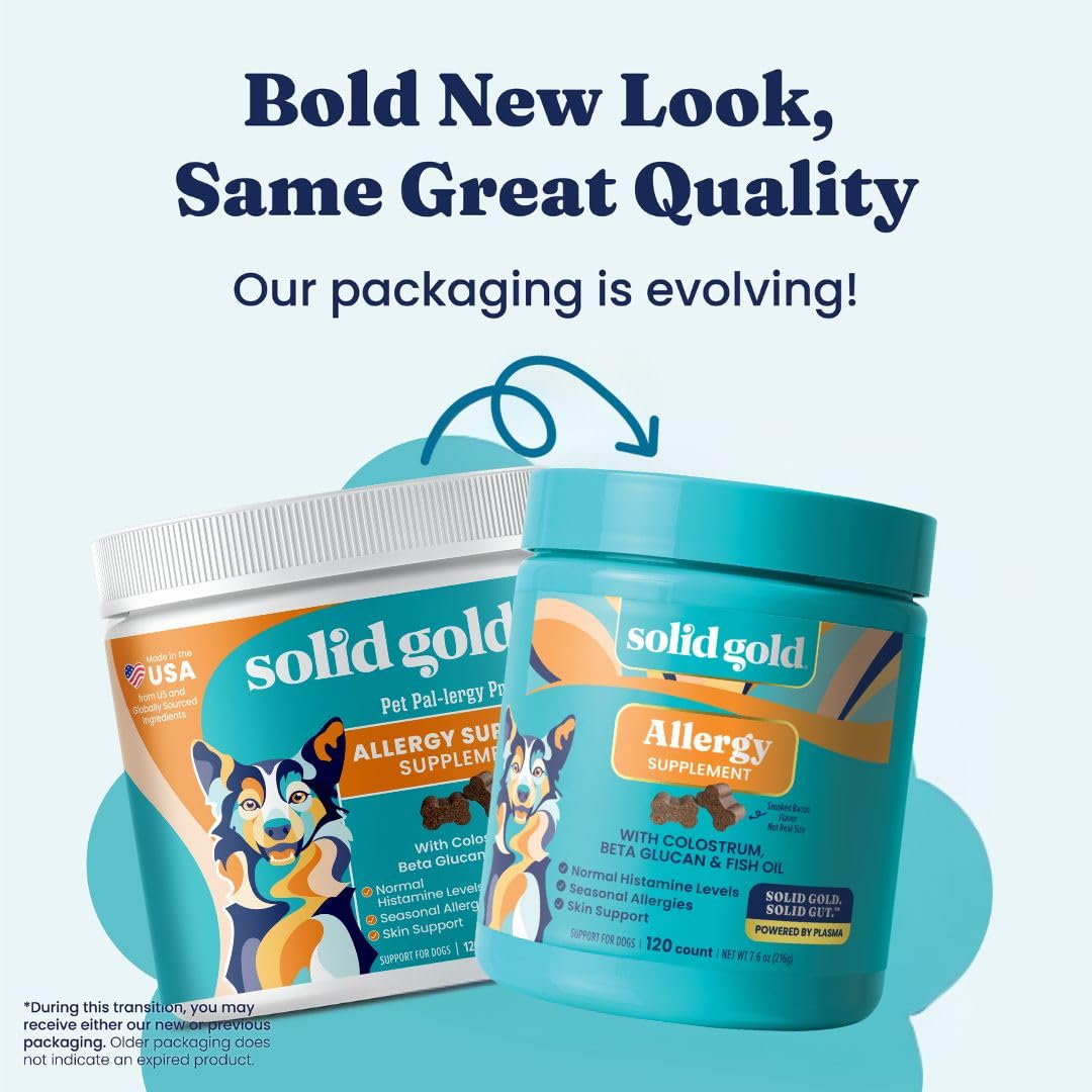 Solid Gold Allergy Relief Chews bottle pour illustrating daily dosing convenience