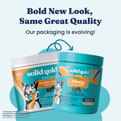 Solid Gold Allergy Relief Chews bottle pour illustrating daily dosing convenience