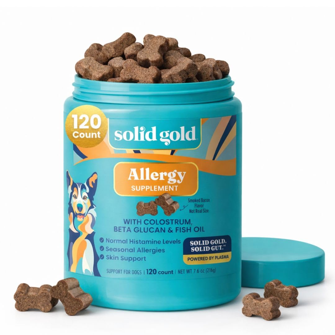 Solid Gold Allergy Relief Chews bottle showing bacon flavored bites for skin support