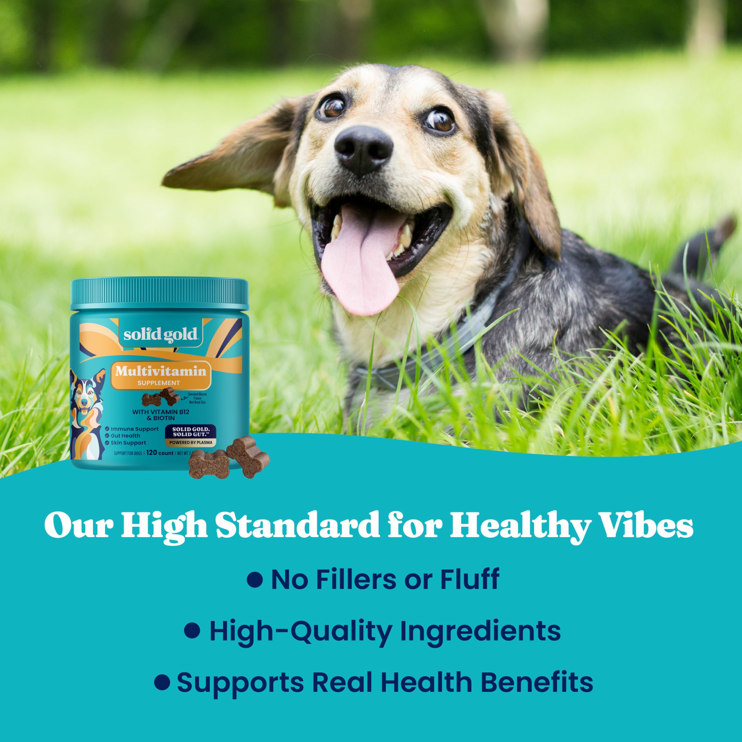 Solid Gold bottle and label convey health benefits for dogs.