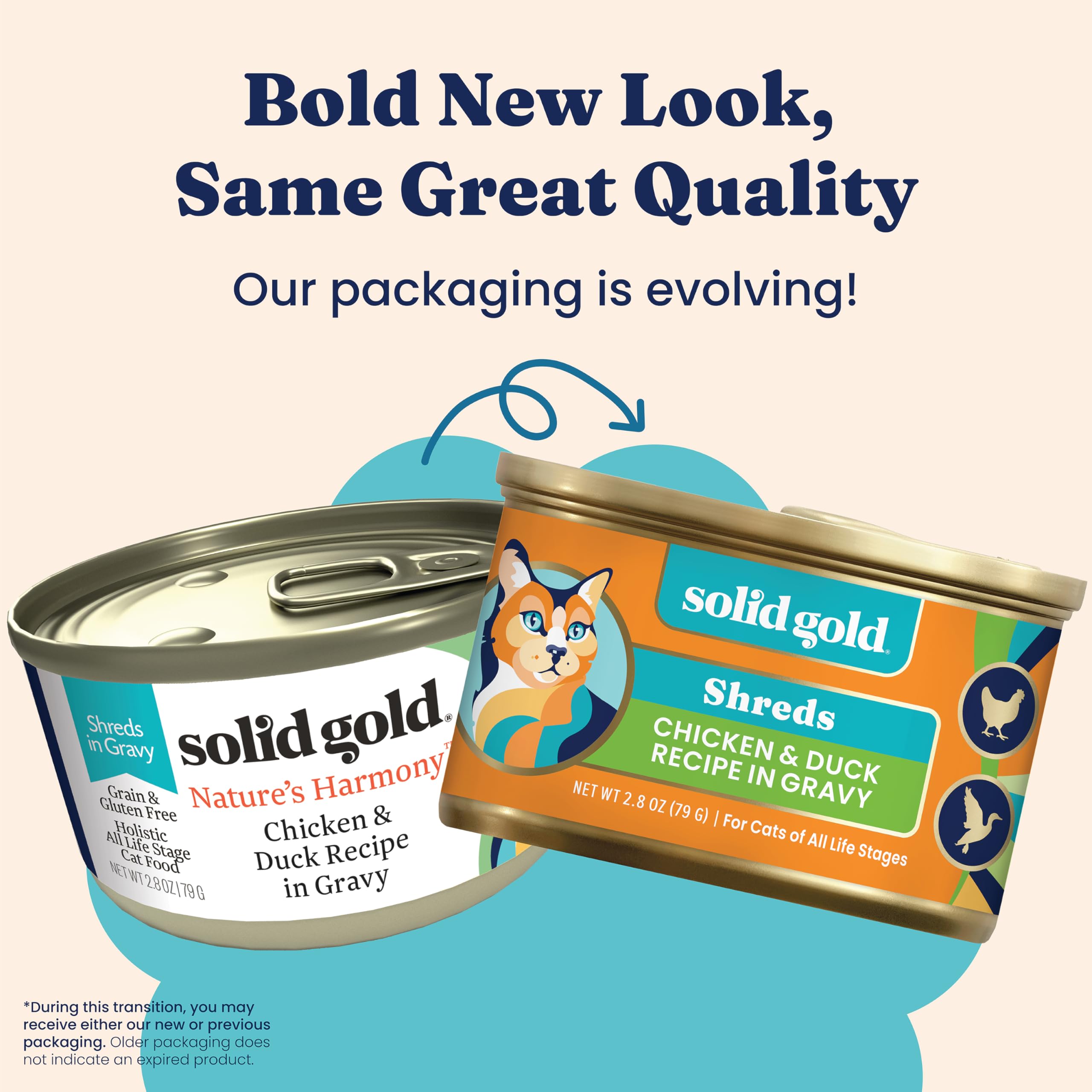 Solid Gold grain-free wet cat food can emphasizes grain-free formula for sensitive stomachs.