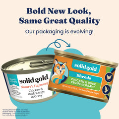 Solid Gold grain-free wet cat food can emphasizes grain-free formula for sensitive stomachs.