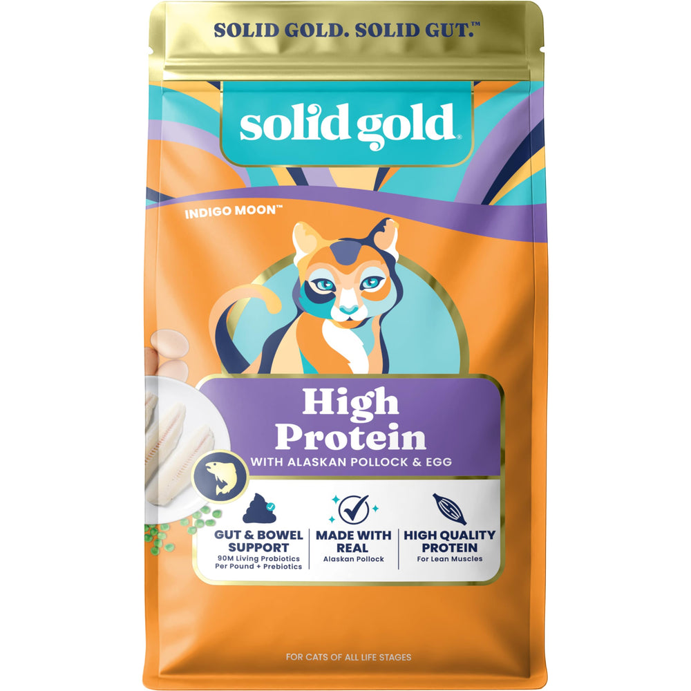 Solid Gold high-protein grain-free kibble supports lean muscles in cats.