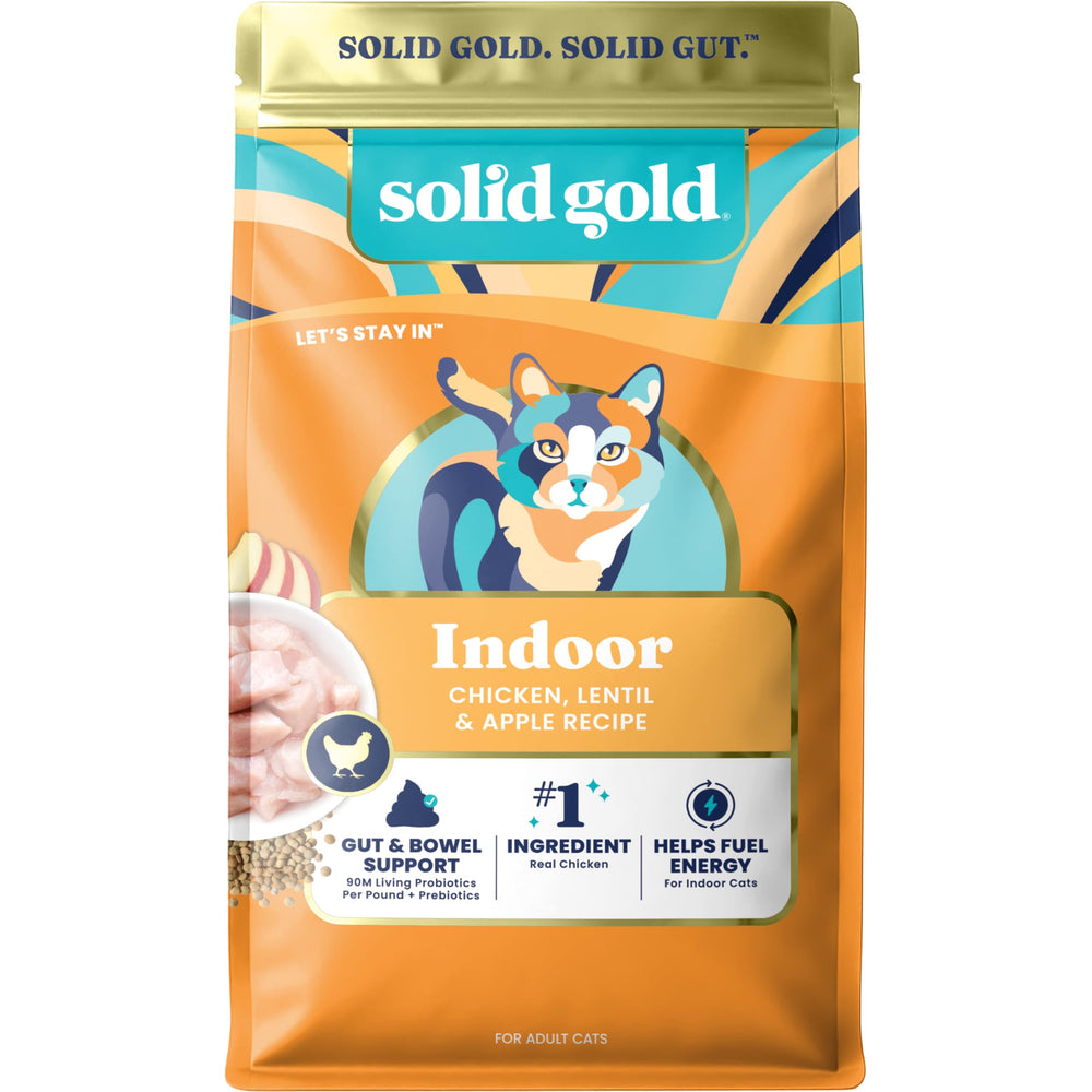 Solid Gold Indoor Dry Cat Food bag shows grain-free nutrition for indoor cats.