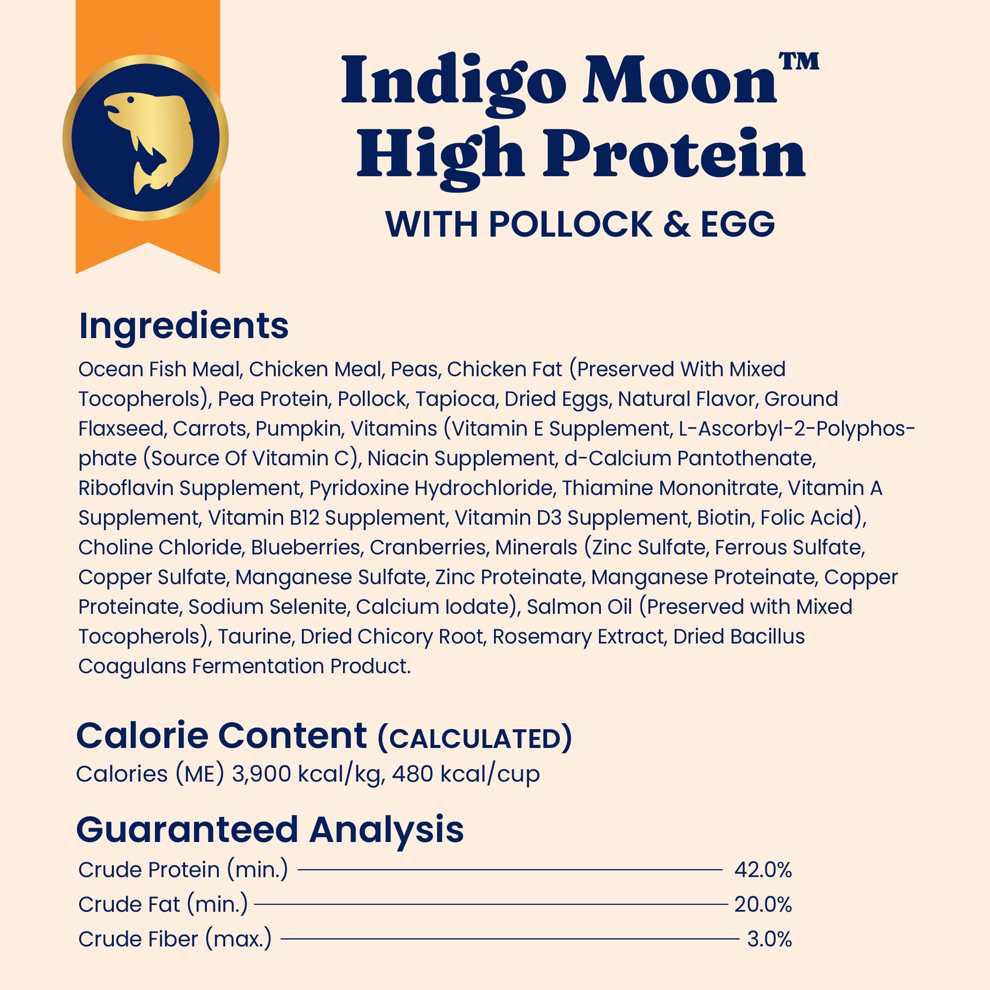 Close-up of Solid Gold ingredients list highlighting real pollock and eggs.
