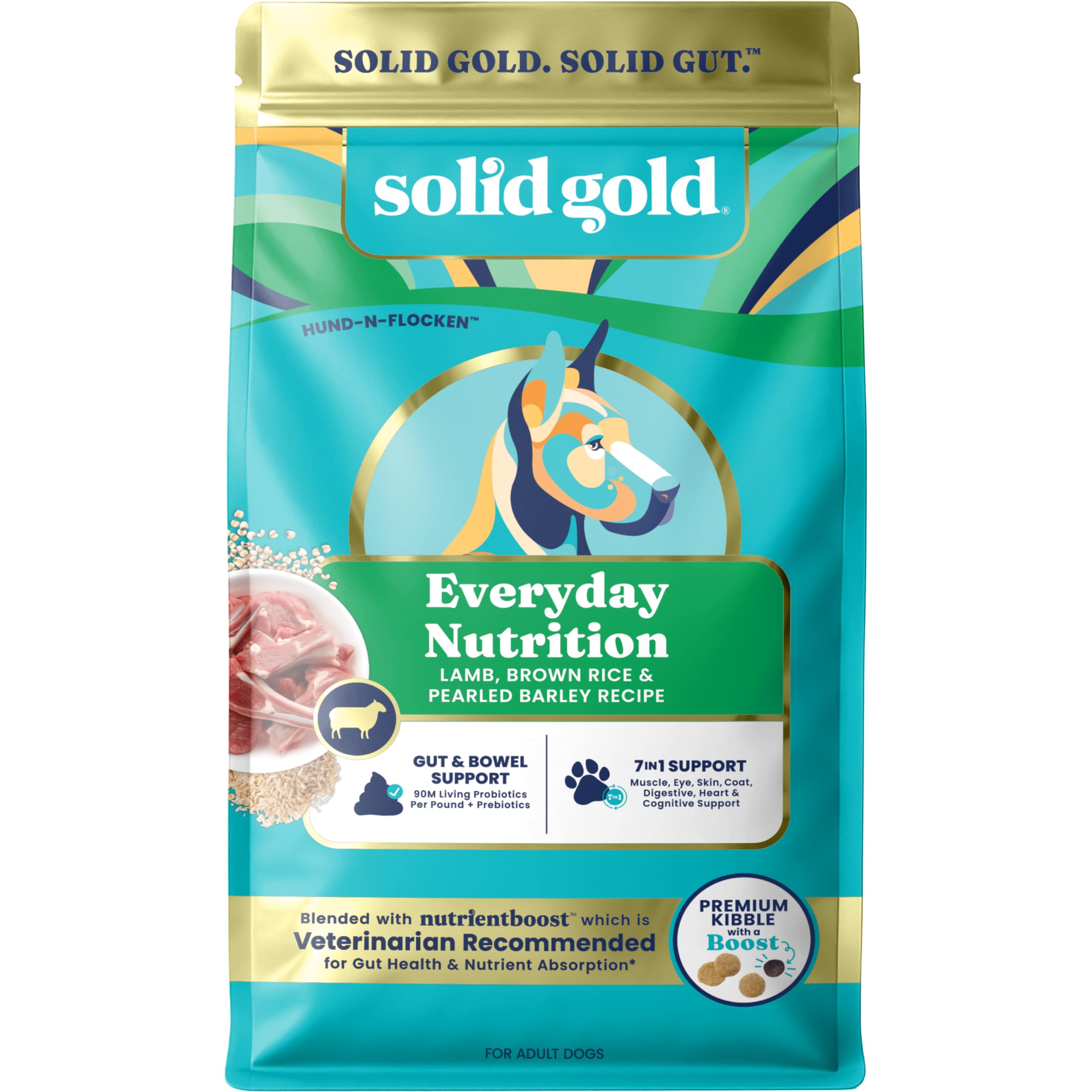 Solid Gold Lamb Dog Food bag front shows Nutrientboost label for gut health.