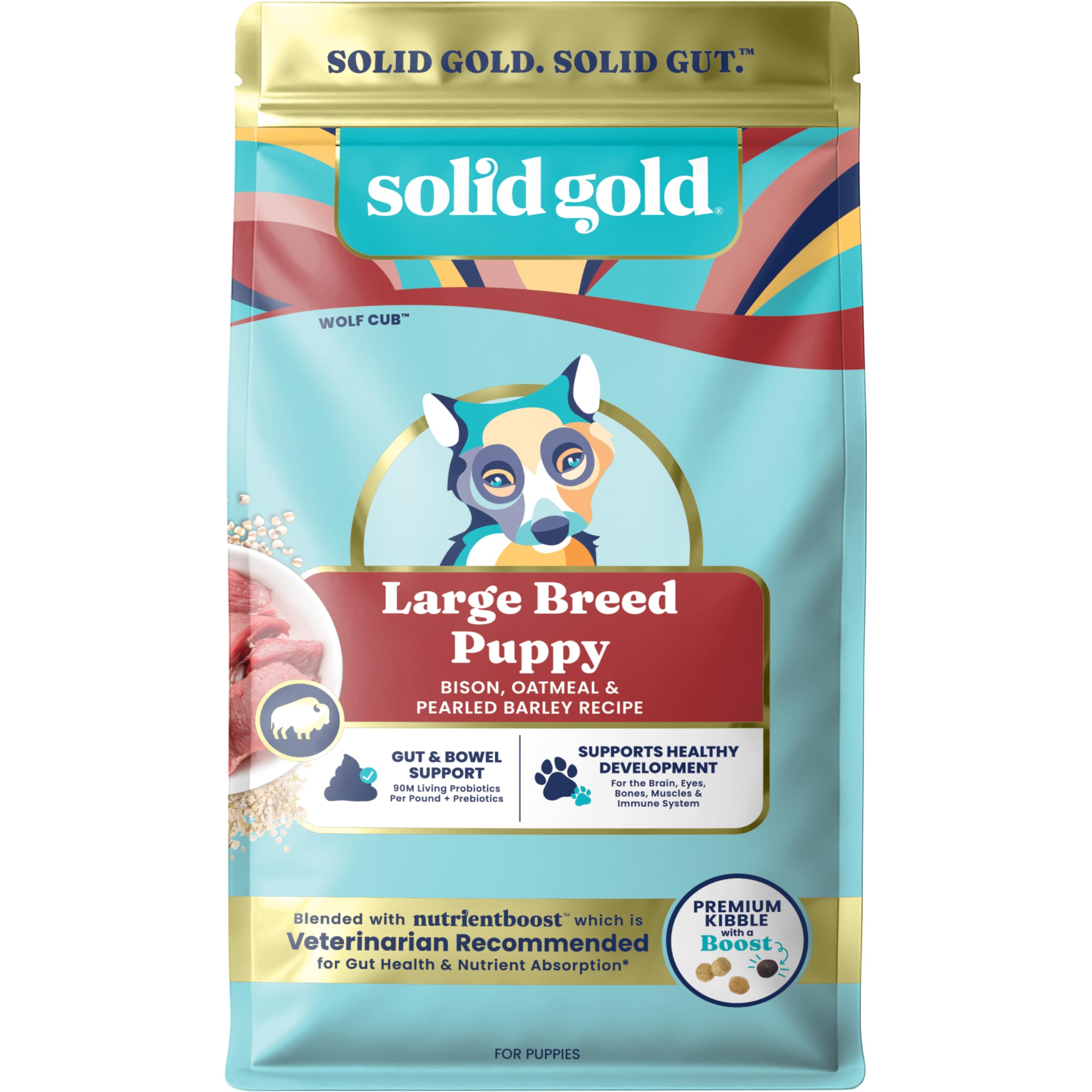 Solid Gold large-breed puppy food with real bison ingredient for strong muscles and energy.