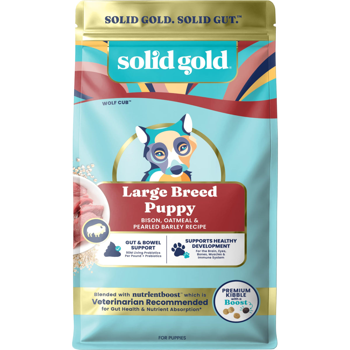 Solid Gold large-breed puppy food with real bison ingredient for strong muscles and energy.