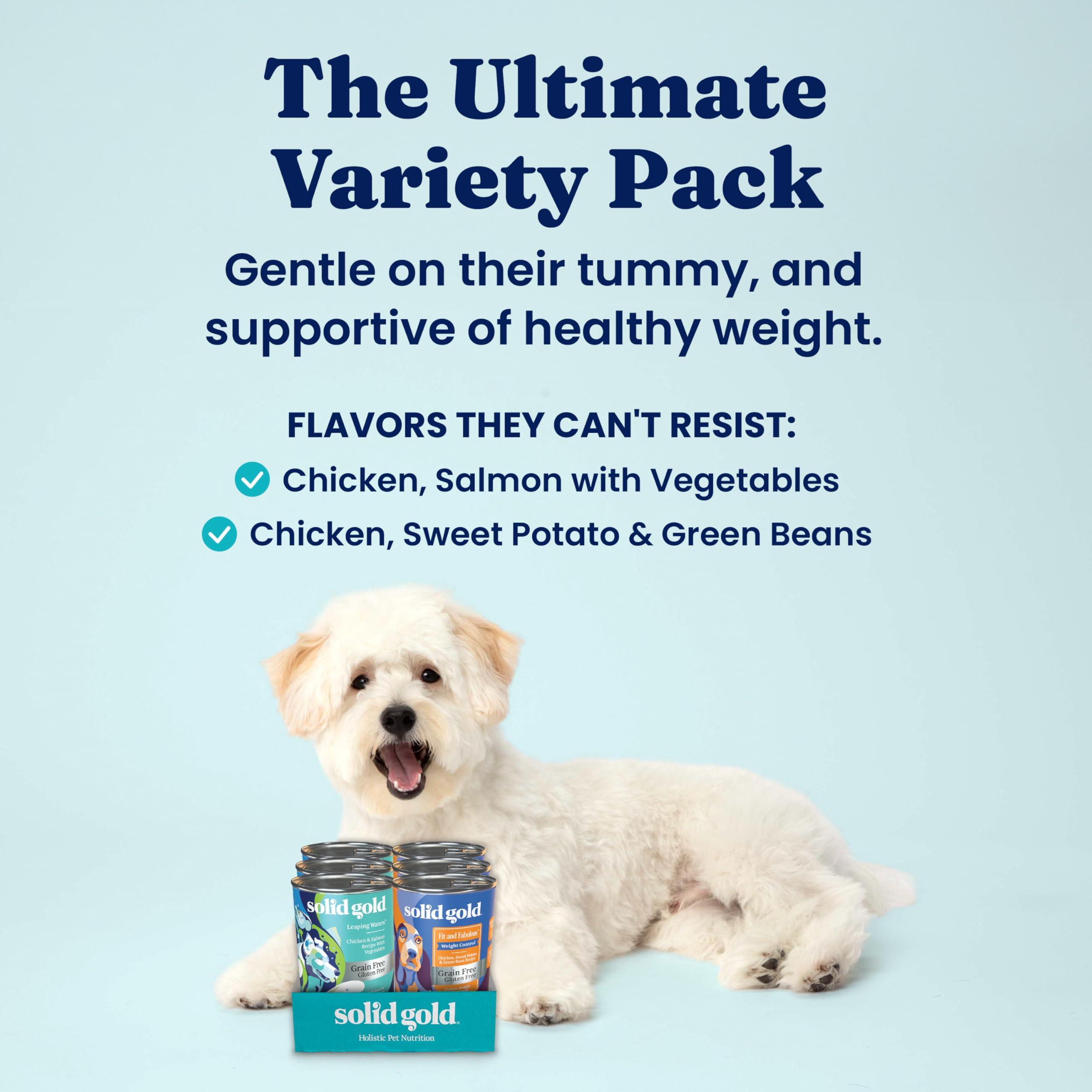 Solid Gold Leaping Waters chicken and salmon can close-up emphasizes grain-free digestion benefits