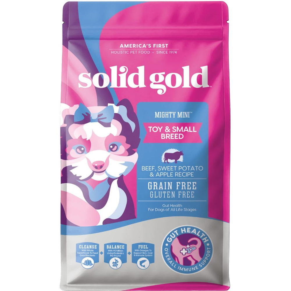 Solid Gold Mighty Mini beef-first ingredient kibble for small breeds.