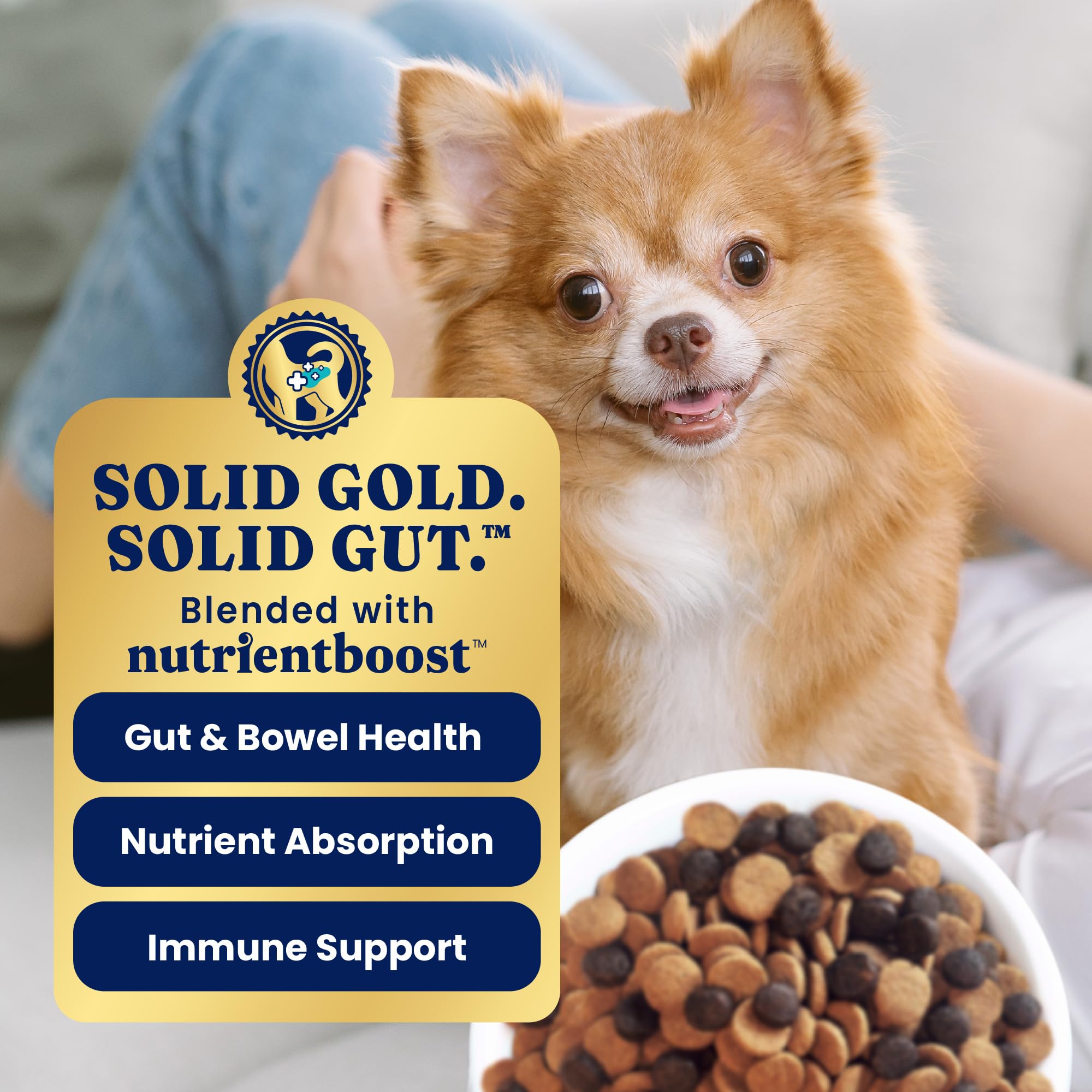 Solid Gold NutrientBoost bottle highlights added vitamins for balanced nutrition.