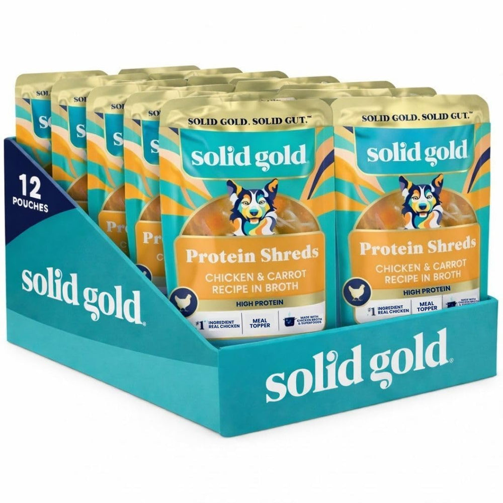 Solid Gold Protein Shreds chicken broth topper adds protein and flavor to dry dog food.