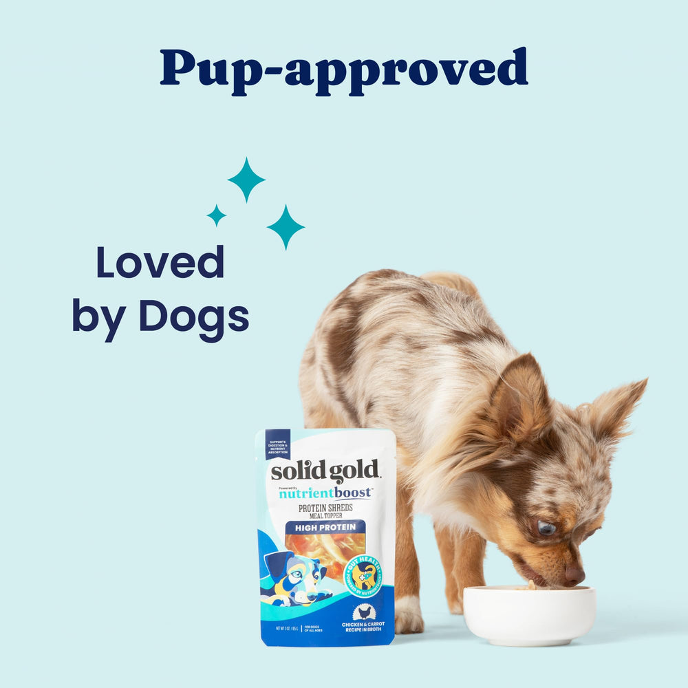 Solid Gold Protein Shreds pour-over topper makes dry food tastier.