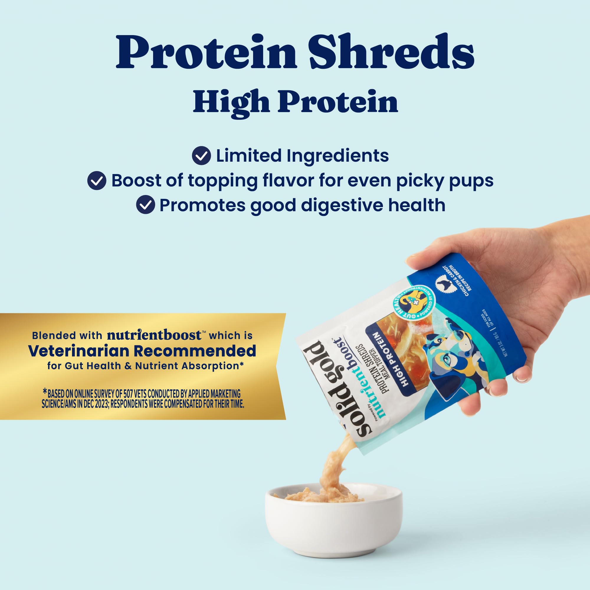 Solid Gold Protein Shreds pumpkin and carrots add natural veggies for digestion.