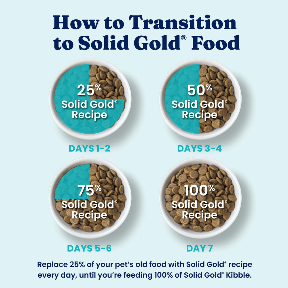 Solid Gold digestible grains and quality protein for comfortable meals.