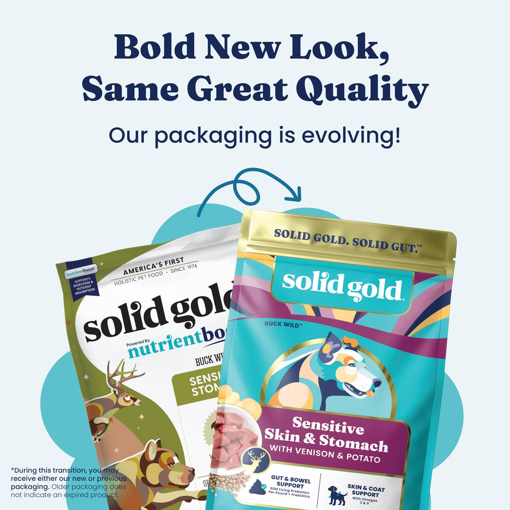 Solid Gold salmon omega-3 supports skin and coat wellness in dog meals.