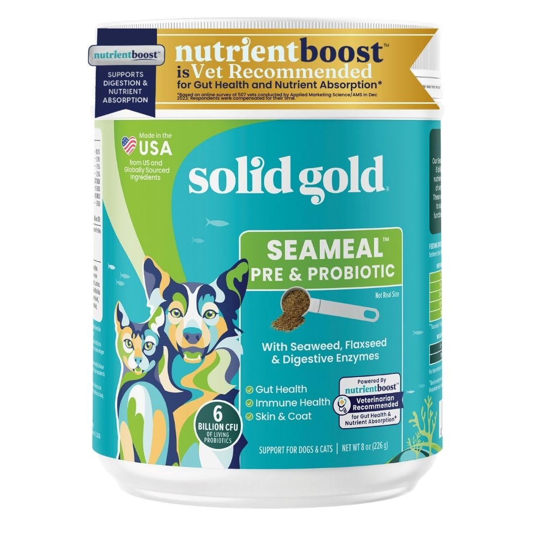 Solid Gold SeaMeal probiotic bottle shown for gut support in dogs and cats.