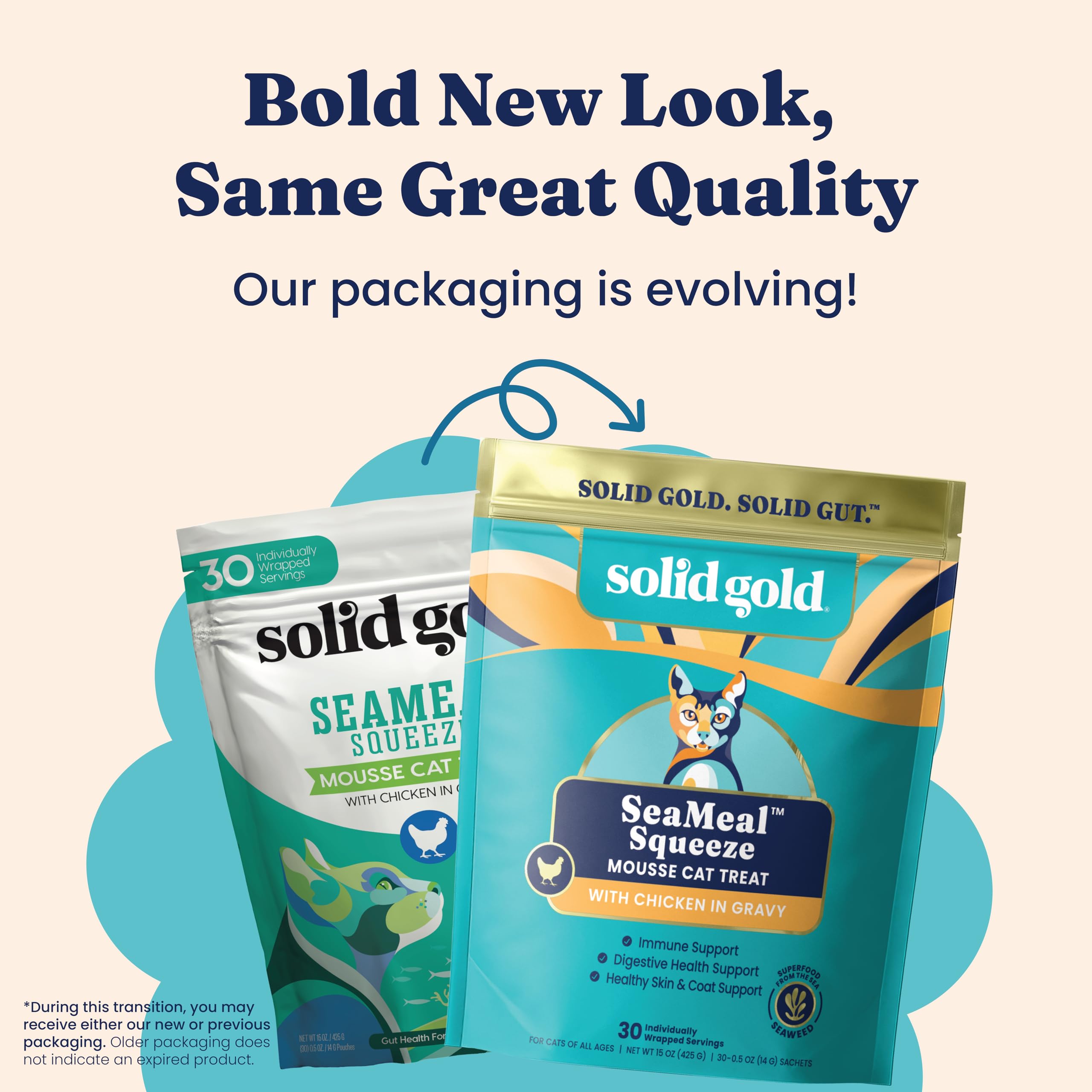 Solid Gold SeaMeal cat topper on dry food, ideal for picky eaters.