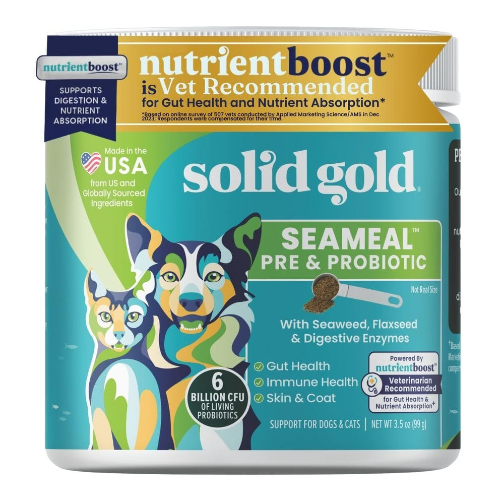 Solid Gold SeaMeal dog probiotic powder bottle supports digestion and gut health.