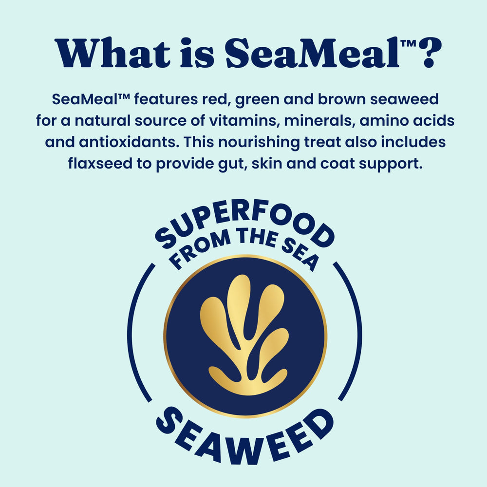 Solid Gold SeaMeal Squeeze meal topper on cat food bowl.