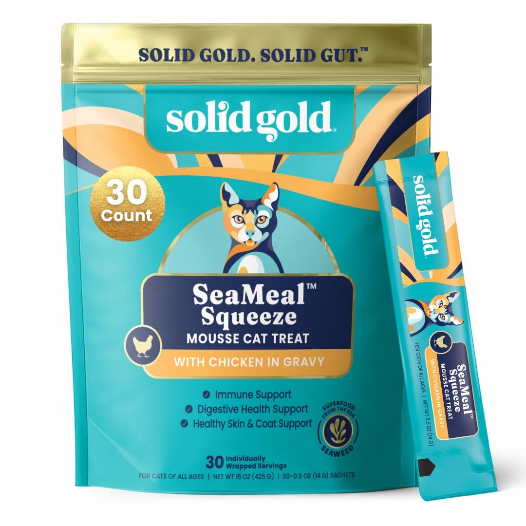Solid Gold SeaMeal squeeze-tube with closed cap for easy, mess-free cat treats.