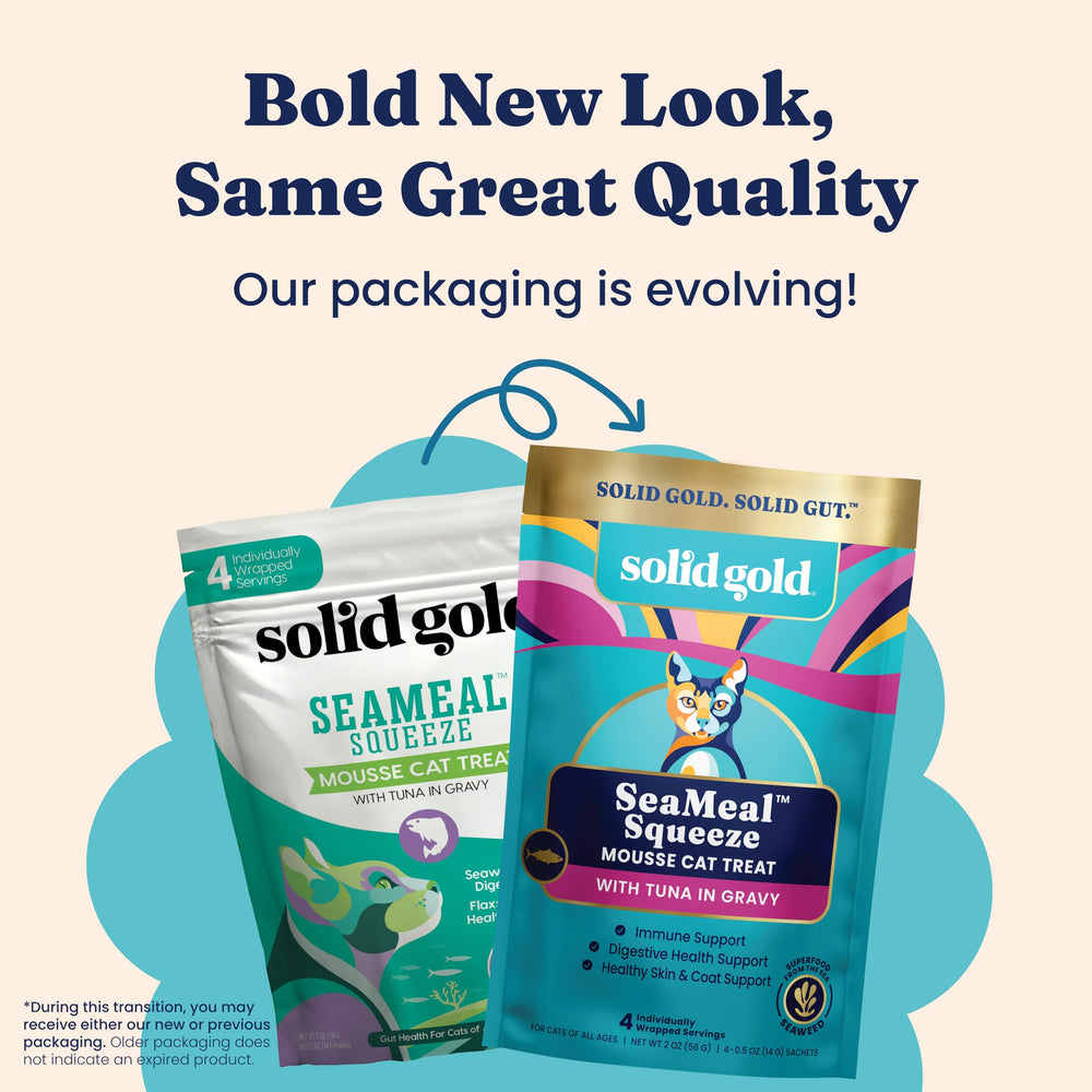 Solid Gold SeaMeal Squeeze Tuna treats—tubed puree for easy dosing and meal topper ideas.
