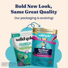 Solid Gold SeaMeal Squeeze Tuna treats—tubed puree for easy dosing and meal topper ideas.