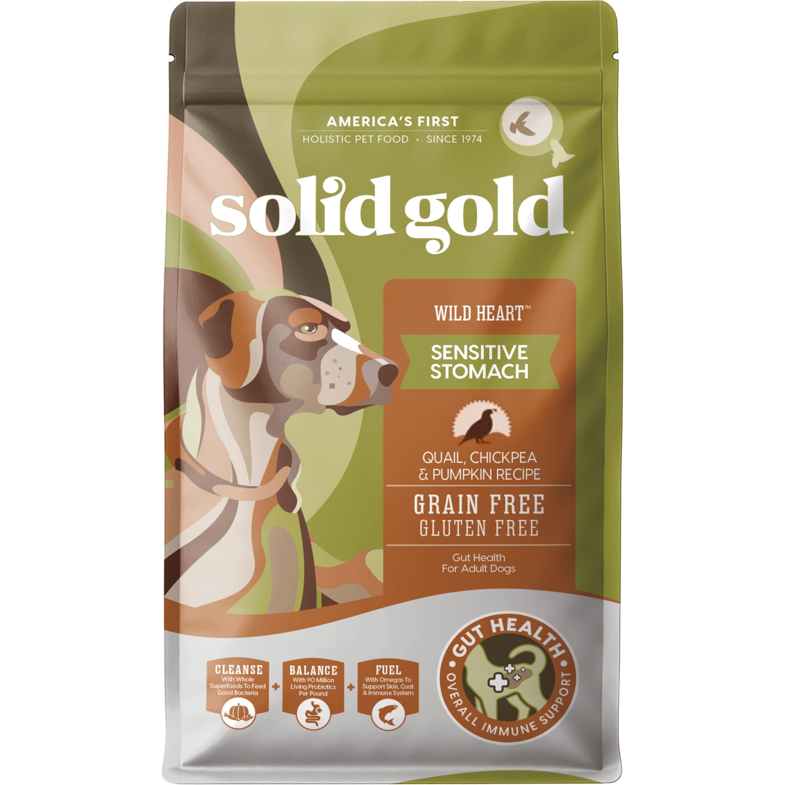 Solid Gold Sensitive Stomach dog food with quail in a bag; gentle digestion potential