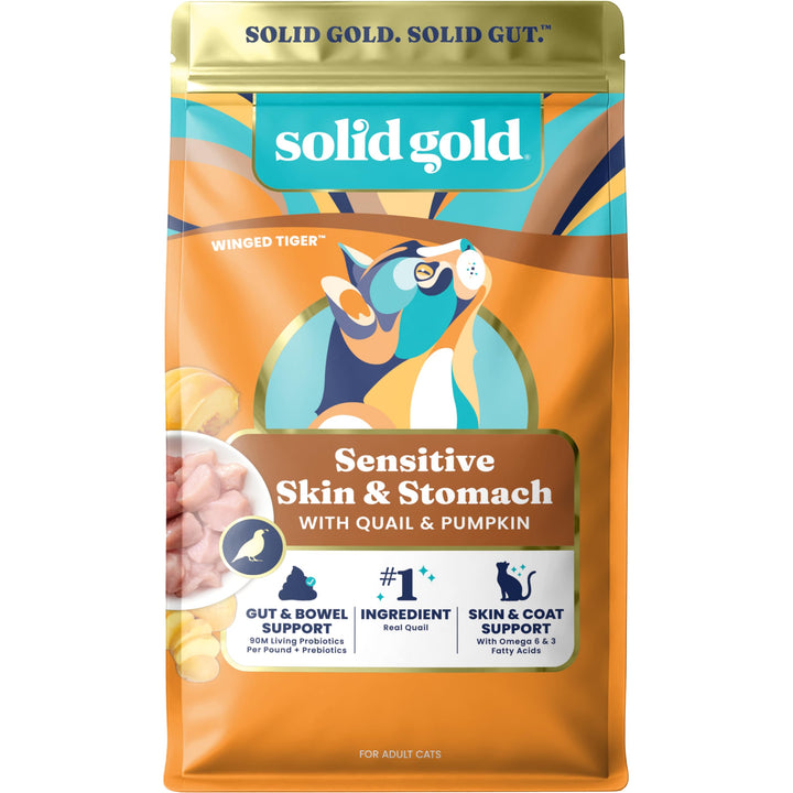 Solid Gold Sensitive Stomach kibble close-up emphasizing grain-free formula for sensitive stomachs