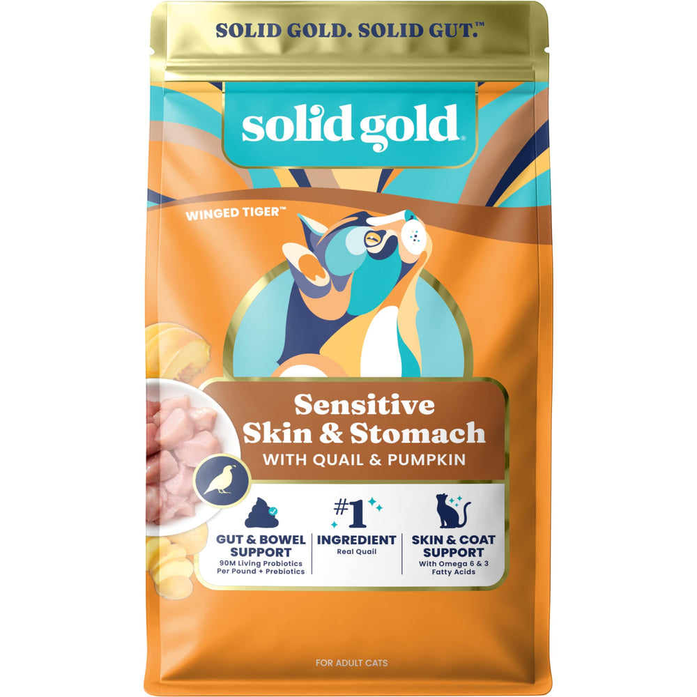 Solid Gold Sensitive Stomach kibble close-up emphasizing grain-free formula for sensitive stomachs