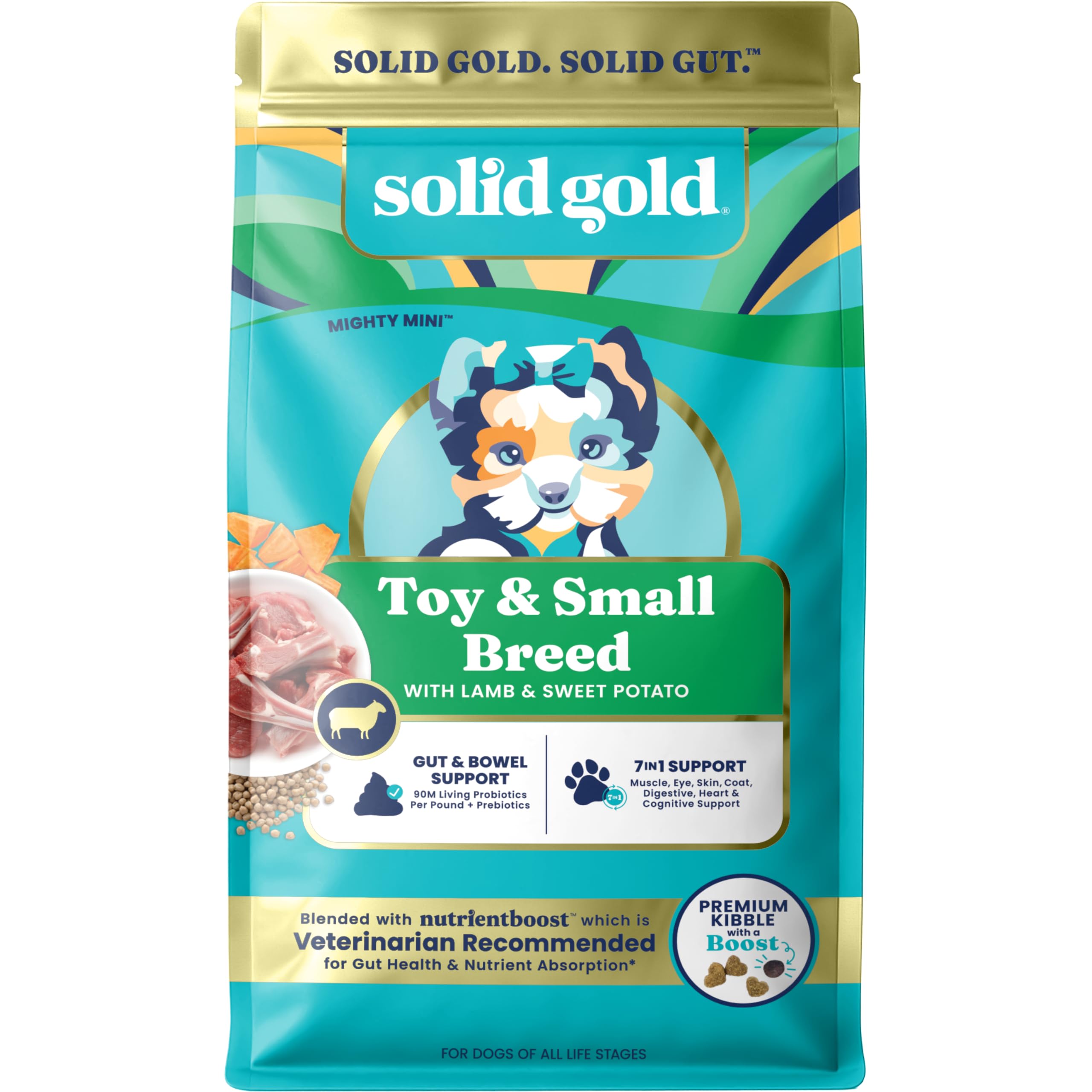 Solid Gold small-breed kibble close-up shows lamb flavor and tiny bites for toy dogs.