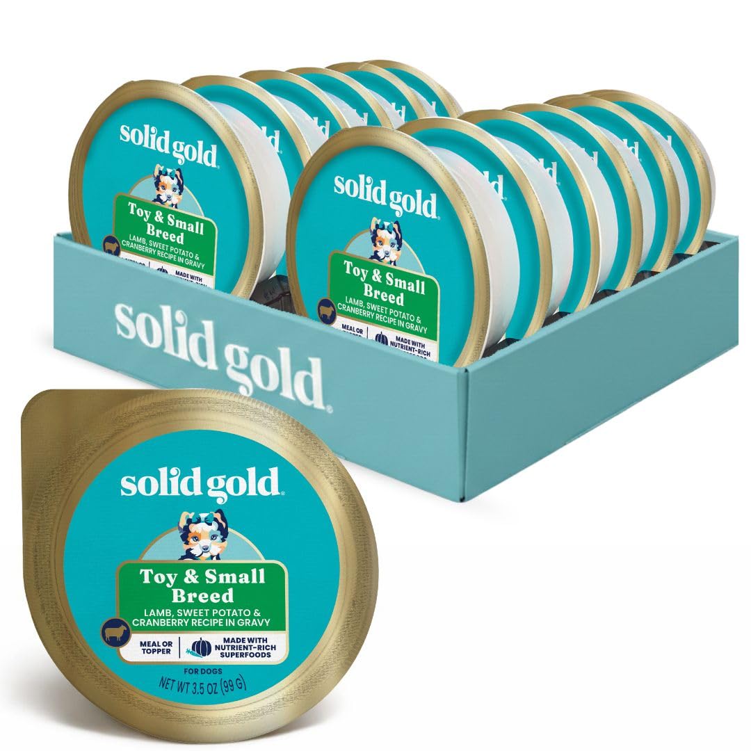 Solid Gold small-breed wet food cups featuring lamb and sweet potato for easy digestion.
