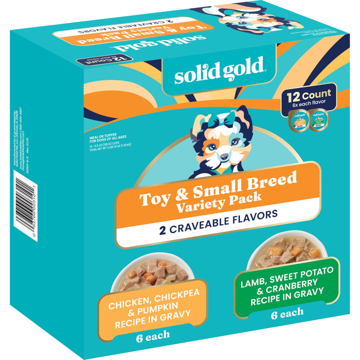 Solid Gold small-dog wet food cups variety pack for easy feeding.